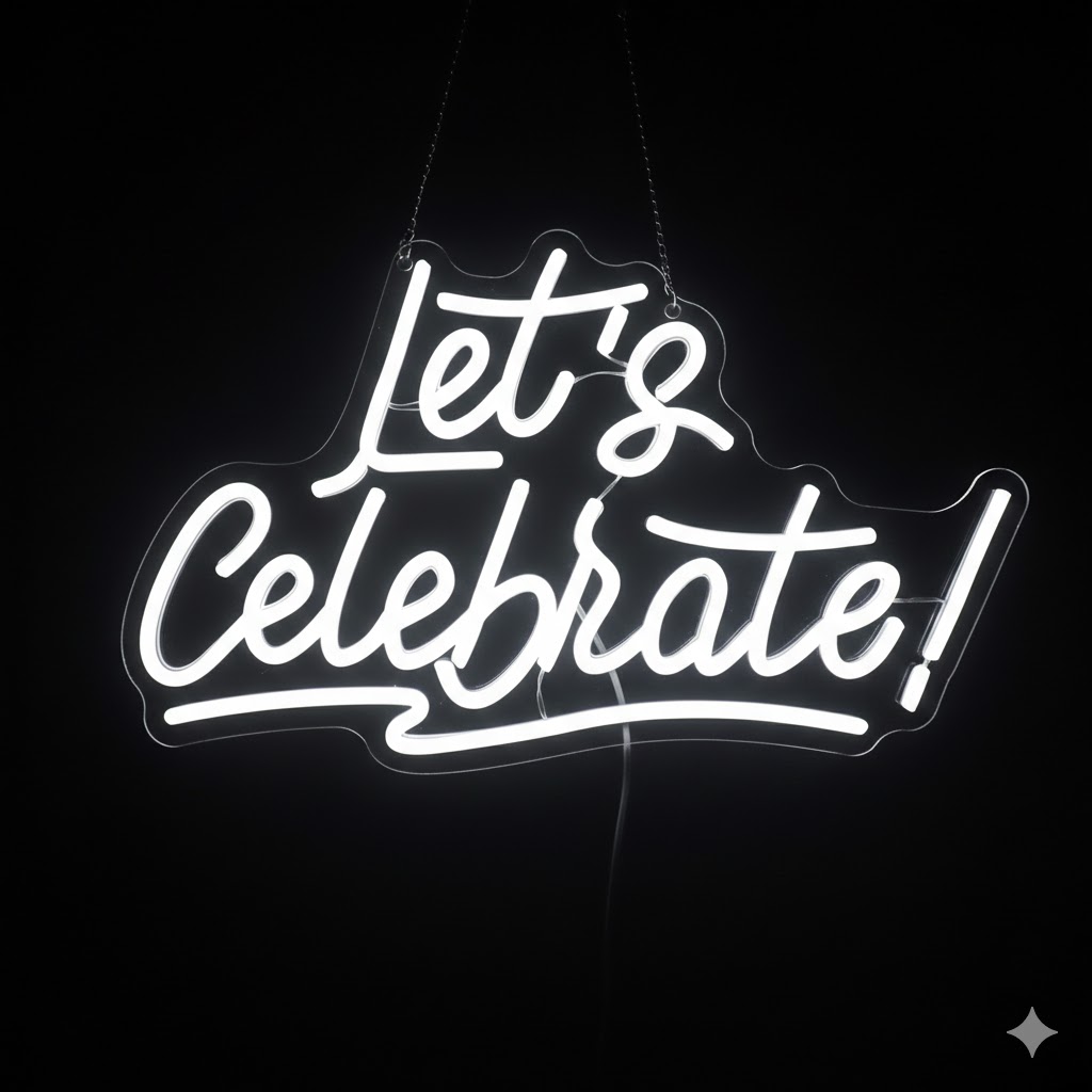 Let's Celebrate - Wedding Neon Sign by Say It Bright Let's Celebrate LED neon wedding sign in warm white - available to buy or hire UK